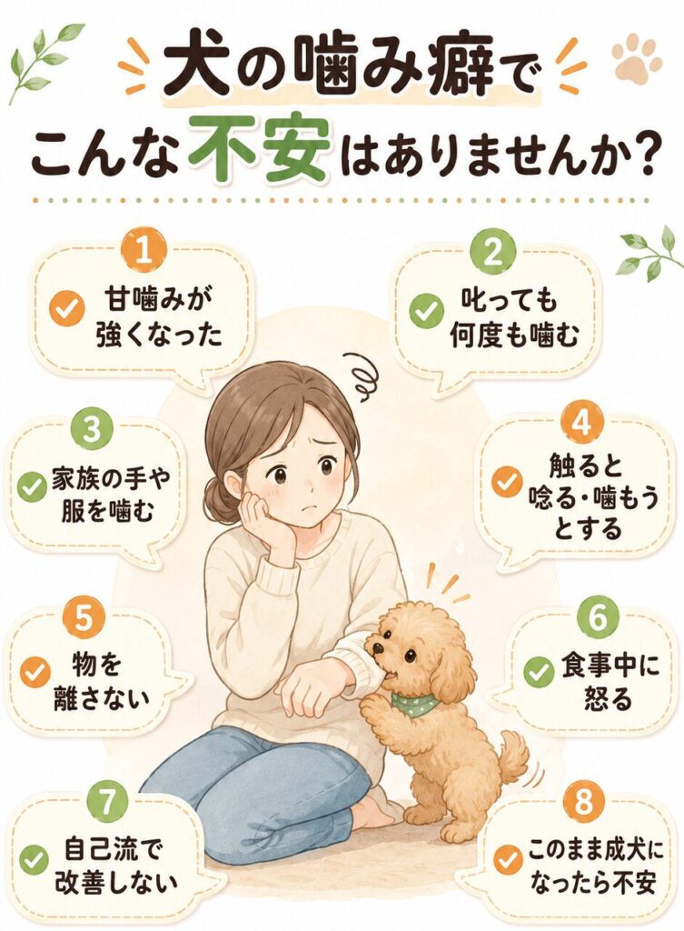犬の噛み癖で不安を感じるサインをチェックリスト形式でまとめた画像