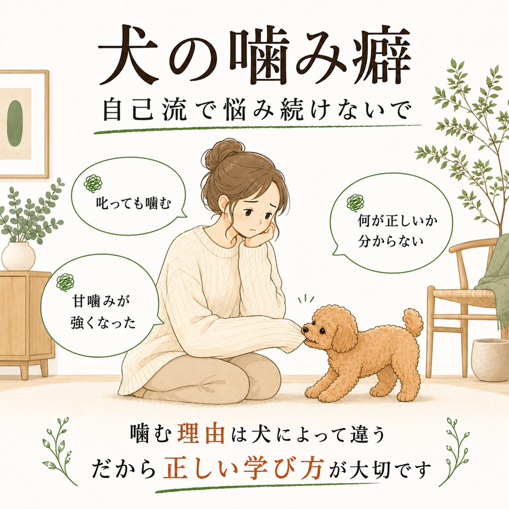犬の噛み癖に悩む飼い主へ、自己流ではなく正しい学び方が大切だと伝える画像