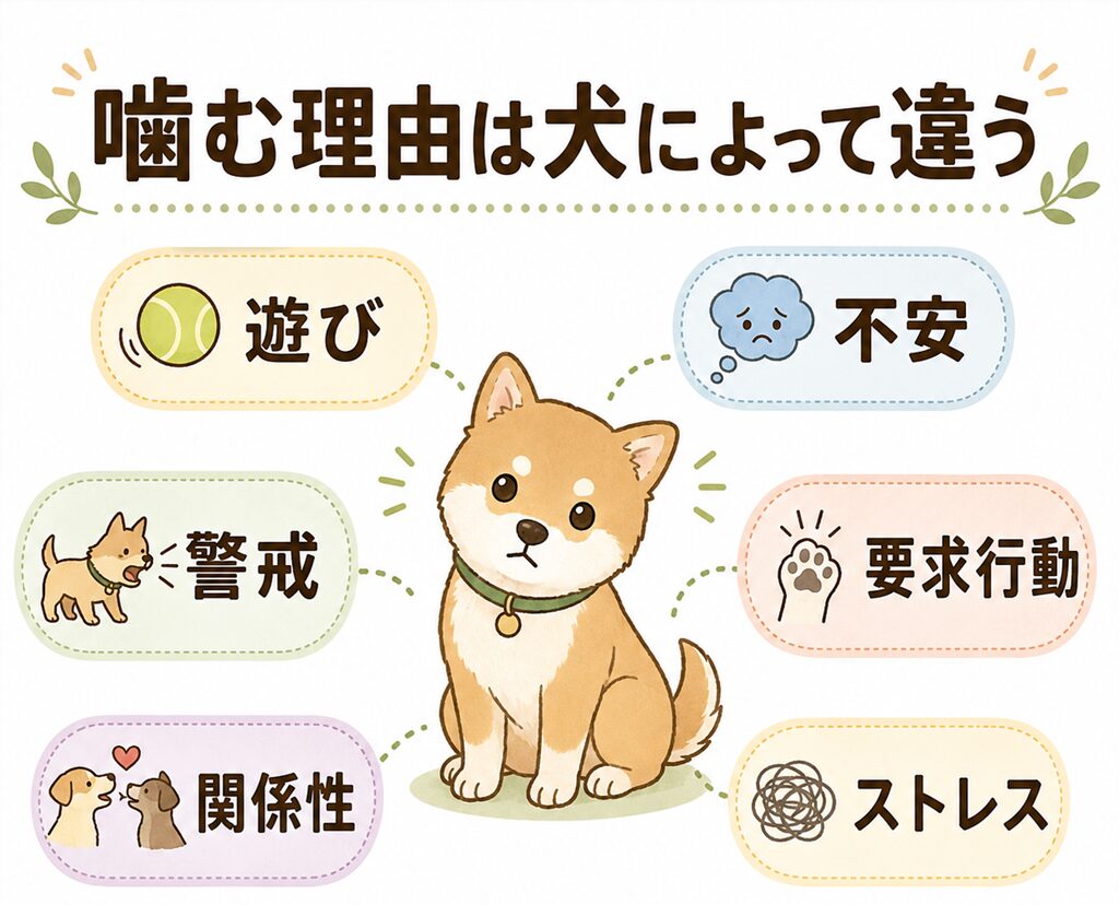 犬の噛み癖の理由は犬によって違うため、原因に合った学び方が大切だと伝える図解画像