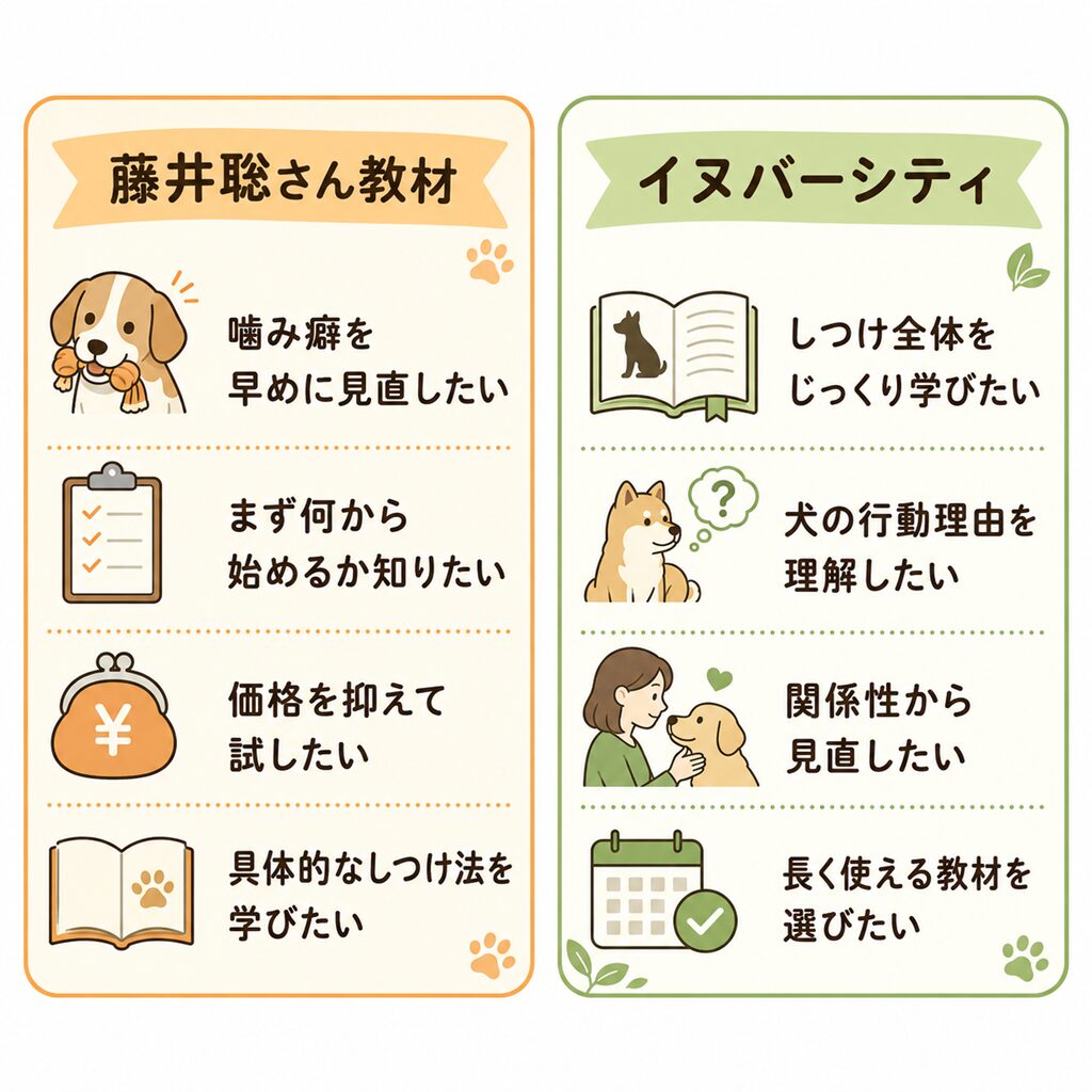 藤井聡さん教材とイヌバーシティの選び方を比較し、噛み癖を早めに見直したい人向けと、しつけ全体をじっくり学びたい人向けの違いを整理した画像