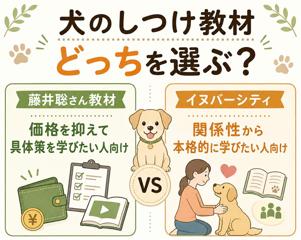 犬の噛み癖に悩む飼い主向けに、藤井聡さん教材とイヌバーシティの選び方を比較した画像