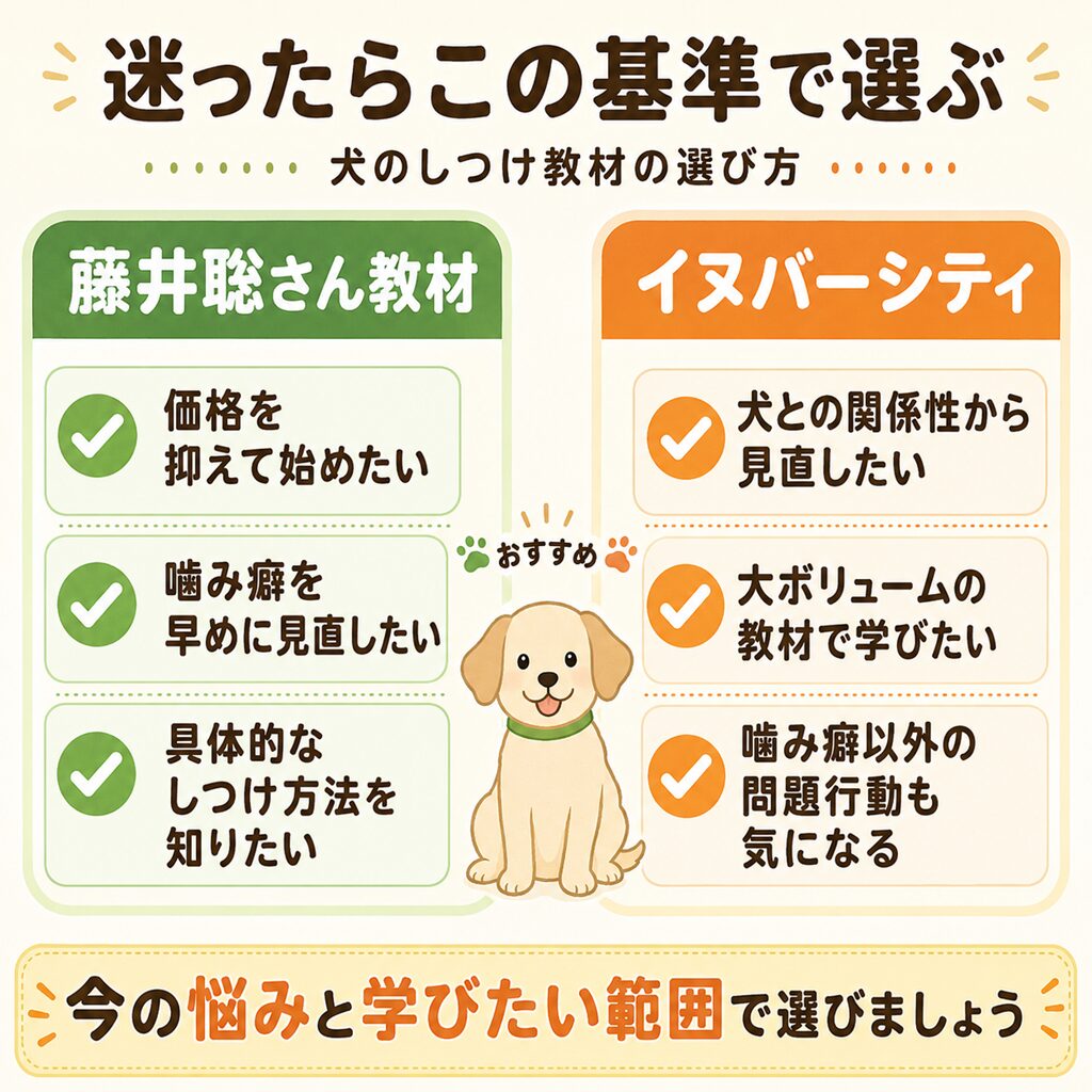 犬のしつけ教材の選び方を、藤井聡さん教材とイヌバーシティで分かりやすく比較した画像