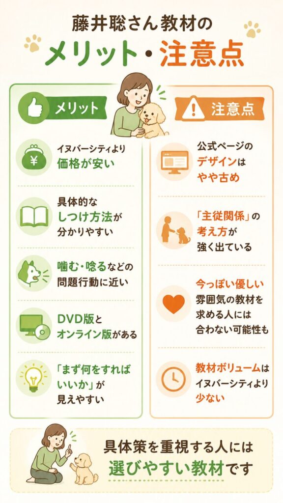藤井聡さん教材のメリットと注意点を、価格・具体的なしつけ方法・ページ印象・教材ボリュームなどで整理した画像
