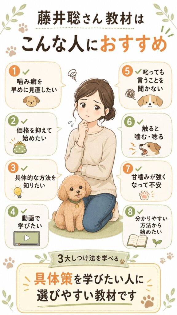 藤井聡さん教材が向いている人の特徴を、噛み癖・価格・具体的なしつけ方法などの項目で整理した画像